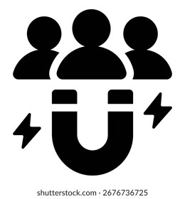 Solid magnet icon with customer symbols, representing user attraction, marketing, lead generation, user engagement, client acquisition, and customer retention.