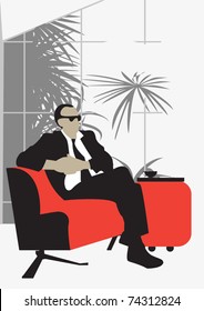 Solid man sitting on a comfortable red sofa in the conservatory  prestigious modern office