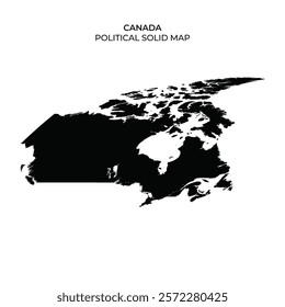 A solid map of Canada is depicted in black, showcasing the countrys shape and boundaries. The design highlights the intricate geographical features of Canada.