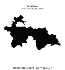 A solid map outline of Tajikistan displays the countrys political borders and regions. The design presents a clear silhouette against a plain background, emphasizing geographic details.