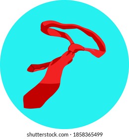 Solid men's red tie on a round cyan background. Vector flat illustration.