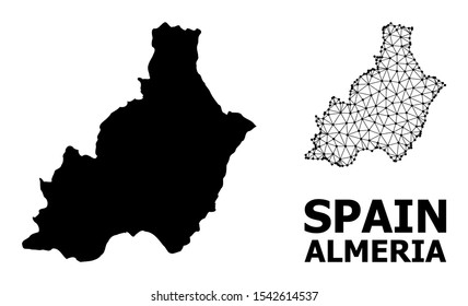 Solid and mesh vector map of Almeria Province. Wire carcass flat polygonal mesh in vector format, geographic models for patriotic illustrations. Illustrations are isolated on a white background.