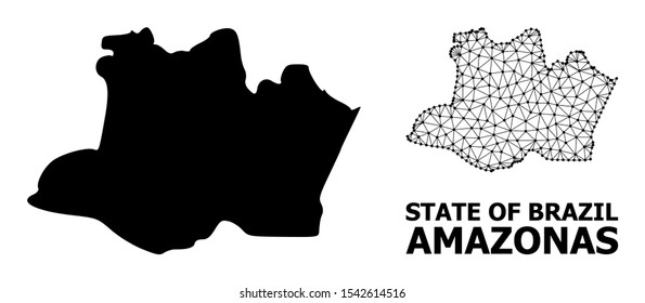 Solid and mesh vector map of Amazonas State. Linear frame flat polygonal mesh in vector EPS format, geographic models for educational compositions. Illustrations are isolated on a white background.