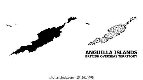 Solid and mesh vector map of Anguilla Islands. Wire carcass 2D triangular mesh in vector EPS format, geographic models for political posters. Illustrations are isolated on a white background.