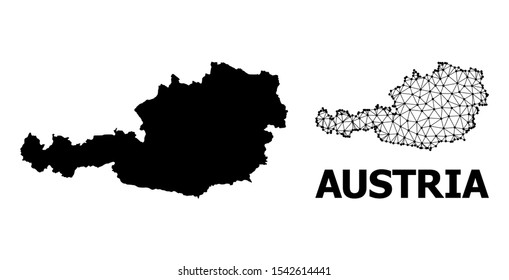Solid and mesh vector map of Austria. Wire carcass 2D polygonal mesh in eps vector format, geographic models for patriotic illustrations. Illustrations are isolated on a white background.