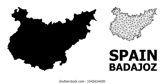 Solid and mesh vector map of Badajoz Province. Linear carcass flat triangular mesh in vector format, geographic templates for economical concepts. Illustrations are isolated on a white background.
