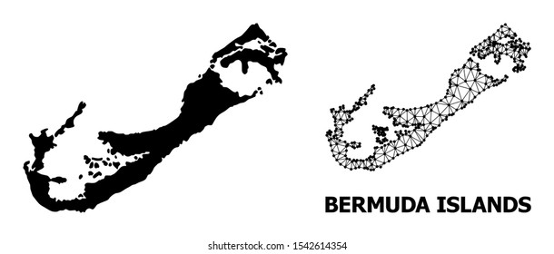 Solid and mesh vector map of Bermuda Islands. Wire carcass flat triangular mesh in vector EPS format, geographic models for political illustrations. Illustrations are isolated on a white background.