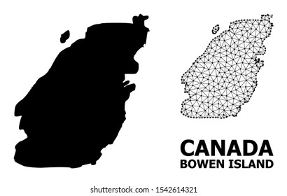 Solid and mesh vector map of Bowen Island. Wire carcass flat polygonal mesh in vector EPS format, geographic templates for economical illustrations. Illustrations are isolated on a white background.