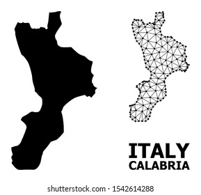 Solid and mesh vector map of Calabria region. Linear carcass 2D triangular mesh in vector EPS format, geographic models for economics illustrations. Illustrations are isolated on a white background.