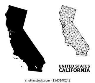 Solid and mesh vector map of California. Wire frame flat polygonal mesh in vector format, geographic templates for educational illustrations. Illustrations are isolated on a white background.