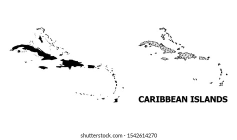 Solid and mesh vector map of Caribbean Islands. Wire carcass flat polygonal mesh in vector format, geographic models for economics illustrations. Illustrations are isolated on a white background.