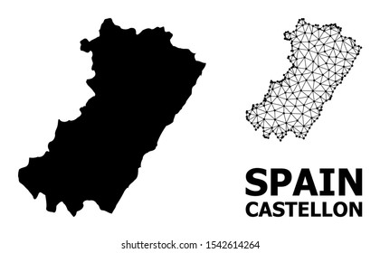 Solid and mesh vector map of Castellon Province. Linear carcass 2D polygonal mesh in vector EPS format, geographic templates for patriotic illustrations.