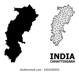 Solid and mesh vector map of Chhattisgarh State. Linear frame flat polygonal mesh in eps vector format, geographic templates for educational illustrations.