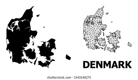 Solid and mesh vector map of Denmark. Wire frame flat polygonal mesh in vector format, geographic models for educational illustrations. Illustrations are isolated on a white background.