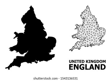 Solid and mesh vector map of England. Linear carcass 2D polygonal mesh in vector EPS format, geographic models for patriotic purposes. Illustrations are isolated on a white background.