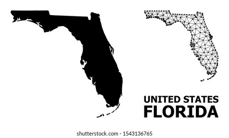 Solid and mesh vector map of Florida State. Linear carcass flat polygonal mesh in eps vector format, geographic models for educational illustrations. Illustrations are isolated on a white background.