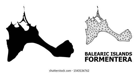 Solid and mesh vector map of Formentera Island. Linear carcass 2D polygonal mesh in vector EPS format, geographic models for economics designs. Illustrations are isolated on a white background.