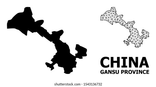Solid and mesh vector map of Gansu Province. Linear carcass 2D polygonal mesh in vector format, geographic models for educational illustrations. Illustrations are isolated on a white background.
