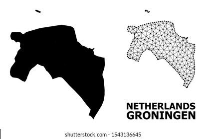 Solid and mesh vector map of Groningen Province. Linear carcass 2D polygonal mesh in eps vector format, geographic models for educational illustrations.