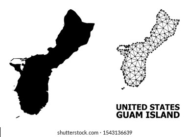 Solid and mesh vector map of Guam Island. Wire frame flat triangular mesh in vector format, geographic templates for educational illustrations. Illustrations are isolated on a white background.