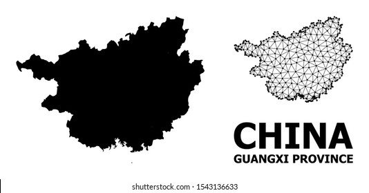 Solid and mesh vector map of Guangxi Province. Linear carcass flat polygonal mesh in vector format, geographic models for political illustrations. Illustrations are isolated on a white background.