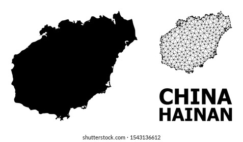 Solid and mesh vector map of Hainan Island. Wire carcass flat triangular mesh in eps vector format, geographic templates for educational illustrations.