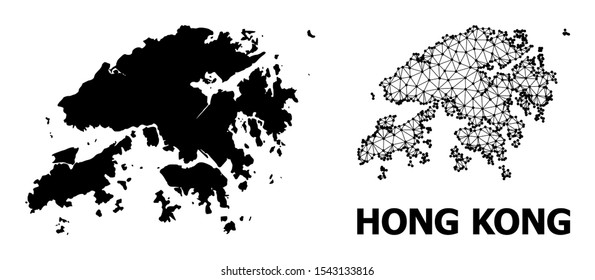 Solid and mesh vector map of Hong Kong. Wire carcass 2D polygonal mesh in eps vector format, geographic models for educational concepts. Illustrations are isolated on a white background.