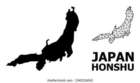 Solid and mesh vector map of Honshu Island. Linear carcass 2D polygonal mesh in vector format, geographic models for educational illustrations. Illustrations are isolated on a white background.