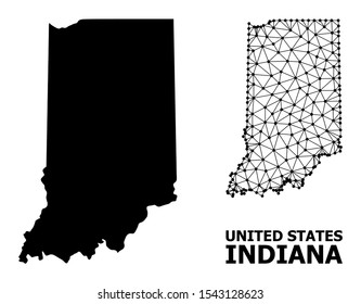 Solid and mesh vector map of Indiana State. Wire carcass 2D triangular mesh in vector EPS format, geographic models for patriotic posters. Illustrations are isolated on a white background.