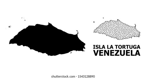 Solid and mesh vector map of Isla La Tortuga. Wire carcass 2D polygonal mesh in eps vector format, geographic templates for educational illustrations. Illustrations are isolated on a white background.