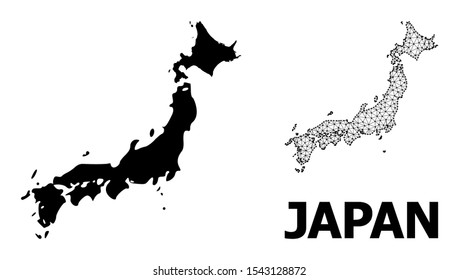 Solid and mesh vector map of Japan. Linear frame 2D polygonal mesh in vector EPS format, geographic models for educational concepts. Illustrations are isolated on a white background.