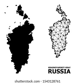 Solid and mesh vector map of Krasnoyarskiy Kray. Linear carcass 2D polygonal mesh in vector format, geographic templates for political illustrations. Illustrations are isolated on a white background.