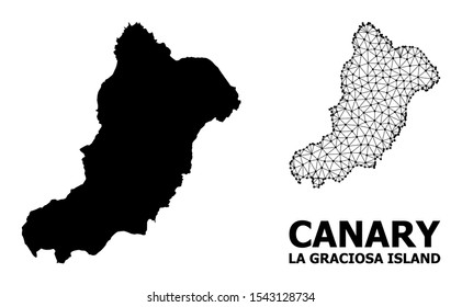 Solid and mesh vector map of La Graciosa Island. Wire frame flat polygonal mesh in vector EPS format, geographic models for educational illustrations. Illustrations are isolated on a white background.