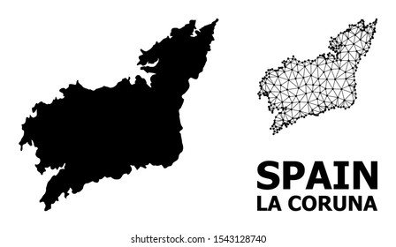 Solid and mesh vector map of La Coruna Province. Linear frame flat polygonal mesh in vector EPS format, geographic templates for political illustrations.