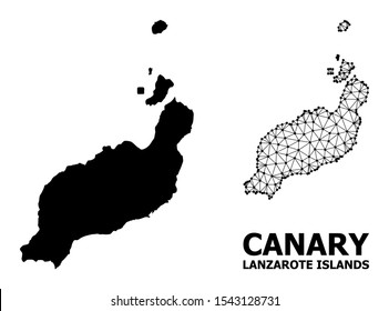 Solid and mesh vector map of Lanzarote Islands. Linear frame 2D polygonal mesh in eps vector format, geographic models for educational illustrations. Illustrations are isolated on a white background.