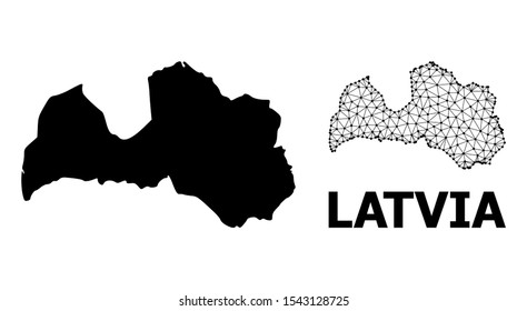 Solid and mesh vector map of Latvia. Linear frame flat triangular mesh in vector format, geographic models for economical illustrations. Illustrations are isolated on a white background.