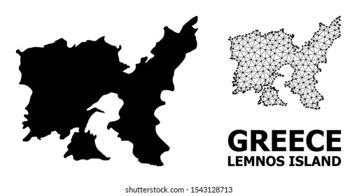 Solid and mesh vector map of Lemnos Island. Linear carcass 2D triangular mesh in vector EPS format, geographic models for patriotic illustrations. Illustrations are isolated on a white background.