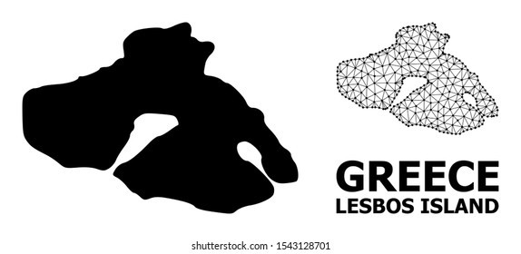 Solid and mesh vector map of Lesbos Island. Linear carcass flat triangular mesh in vector EPS format, geographic models for patriotic compositions. Illustrations are isolated on a white background.