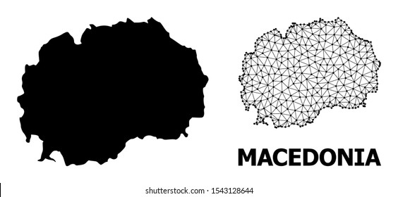 Solid and mesh vector map of Macedonia. Wire carcass flat polygonal mesh in vector EPS format, geographic models for patriotic designs. Illustrations are isolated on a white background.