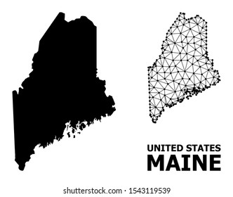 Solid and mesh vector map of Maine State. Linear carcass 2D triangular mesh in vector EPS format, geographic models for educational purposes. Illustrations are isolated on a white background.