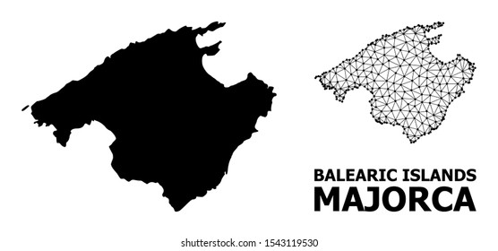 Solid and mesh vector map of Majorca. Wire frame 2D polygonal mesh in vector EPS format, geographic models for economics illustrations. Illustrations are isolated on a white background.