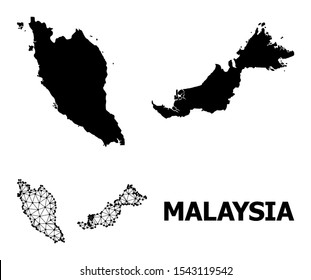 Solid and mesh vector map of Malaysia. Wire carcass flat polygonal mesh in eps vector format, geographic models for patriotic illustrations. Illustrations are isolated on a white background.