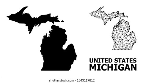 Solid and mesh vector map of Michigan State. Linear carcass 2D polygonal mesh in vector format, geographic models for political designs. Illustrations are isolated on a white background.