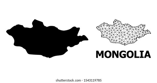 Solid and mesh vector map of Mongolia. Wire frame 2D triangular mesh in vector format, geographic models for economics posters. Illustrations are isolated on a white background.