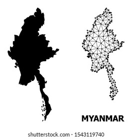 Solid and mesh vector map of Myanmar. Wire carcass flat polygonal mesh in vector EPS format, geographic templates for economics illustrations. Illustrations are isolated on a white background.