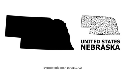 Solid and mesh vector map of Nebraska State. Linear carcass 2D triangular mesh in vector format, geographic models for educational illustrations. Illustrations are isolated on a white background.