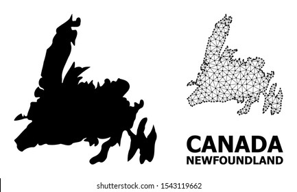 Solid and mesh vector map of Newfoundland Island. Wire frame flat polygonal mesh in vector format, geographic models for patriotic illustrations. Illustrations are isolated on a white background.