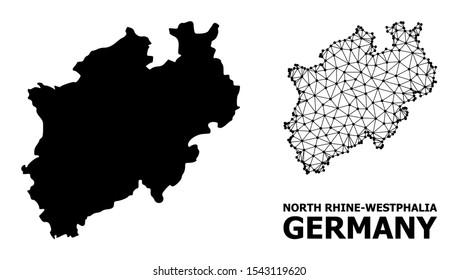 Solid and mesh vector map of North Rhine-Westphalia State. Wire frame 2D polygonal mesh in eps vector format, geographic models for political designs. Illustrations are isolated on a white background.