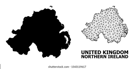 Solid and mesh vector map of Northern Ireland. Wire frame flat triangular mesh in vector format, geographic models for economical posters. Illustrations are isolated on a white background.