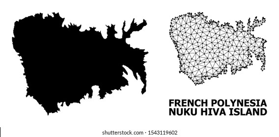 Solid and mesh vector map of Nuku Hiva Island. Linear frame flat triangular mesh in vector EPS format, geographic templates for patriotic concepts. Illustrations are isolated on a white background.